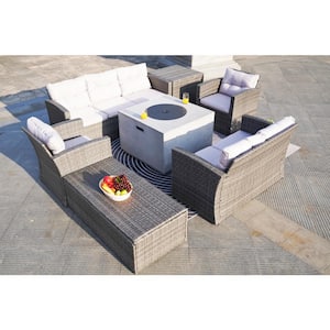 Vivian 7-Pieces Rock and Fiberglass Fire Pit Table with Conversation Sofa Set with Gray Cushions