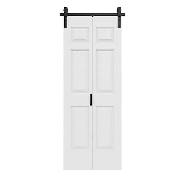 32 in. x 84 in. Paneled 6-Lite White Primed Hollow Core MDF Composite Bi-fold Door with Bifold Barn Door Hardware