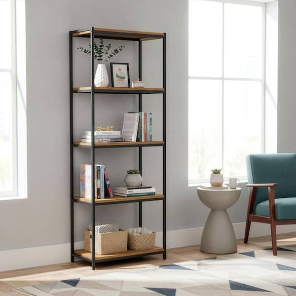 Glamour Home Ailis Brown 75 in. Pine Wood Shelf Etagere Bookcase Media Center with Metal Frame