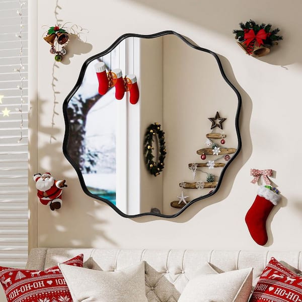 Black 36 in. W x 36 in. H Round Modern Aluminum Alloy Deep Framed with Decorative Border Vanity Mirror Wall Mirror