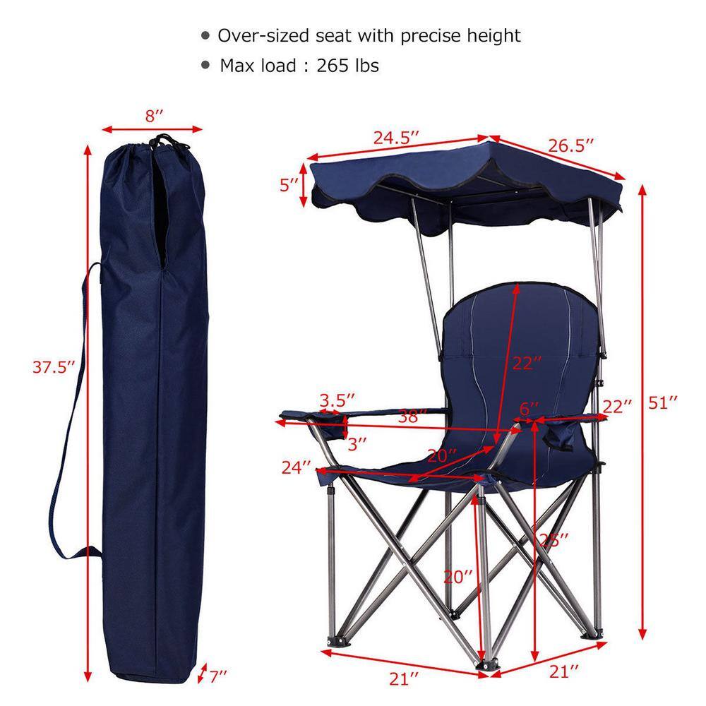 Blue Portable Folding Camping Chair with Canopy and Cup Holders