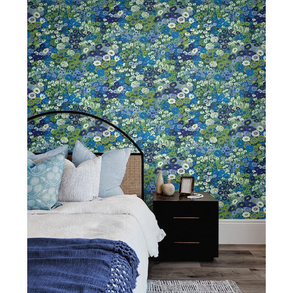 30.75 sq. ft. Bright Blue & Sap Green Floral Meadow Vinyl Peel and Stick Wallpaper Roll