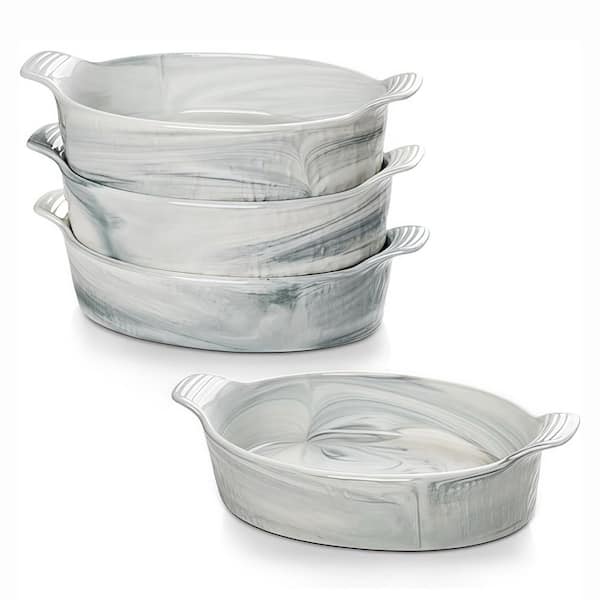 4 Piece Marbled Grey Ceramic Oval Au Gratin Baking Dish Set Heat Resistant Oven Safe with Handles for Cooking