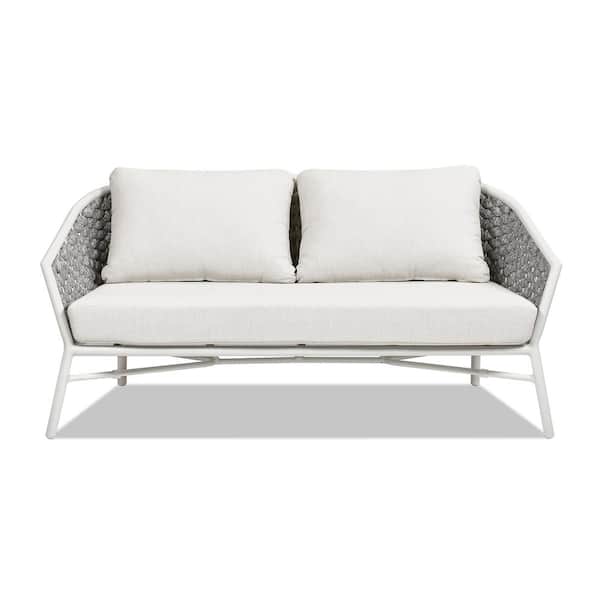 Rowan 63.5 in. White Aluminum Rope Barrel Back Patio Outdoor Conversation Loveseat Sofa with Cushions