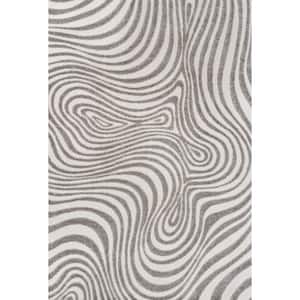 Maribo High-Low Abstract Groovy Striped Gray/Ivory 8 ft. x 10 ft. Indoor/Outdoor Area Rug