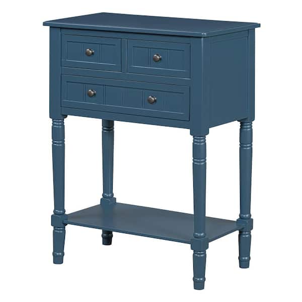 Polibi 23.7 in. Navy Rectangle Wood Console Table with 3-Storage Drawers and Bottom Shelf