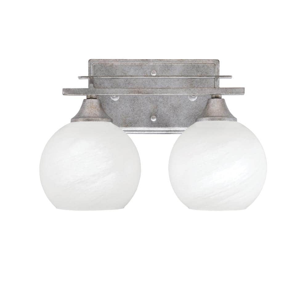 Ontario 13 in. 2-Light Vanity Light Aged Silver 5 White Marble Glass Shade