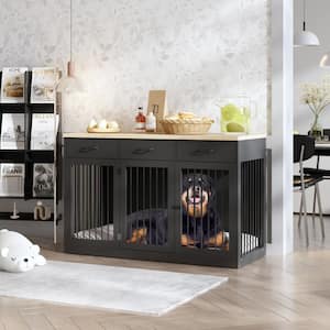 Heavy-\Duty Dog Kennels Crate Storage Cabinet, Decorative Large Dog House Furniture Dog Cage with 3-Drawers, Black