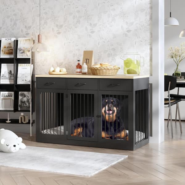 FUFU&GAGA Heavy-\Duty Dog Kennels Crate Storage Cabinet, Decorative Large Dog House Furniture Dog Cage with 3-Drawers, Black