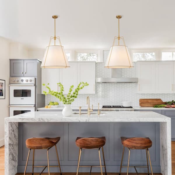 Haven Modern Farmhouse 4-Light Brass Frame Pendant Light with White Fabric Shade for Hallway or Kitchen