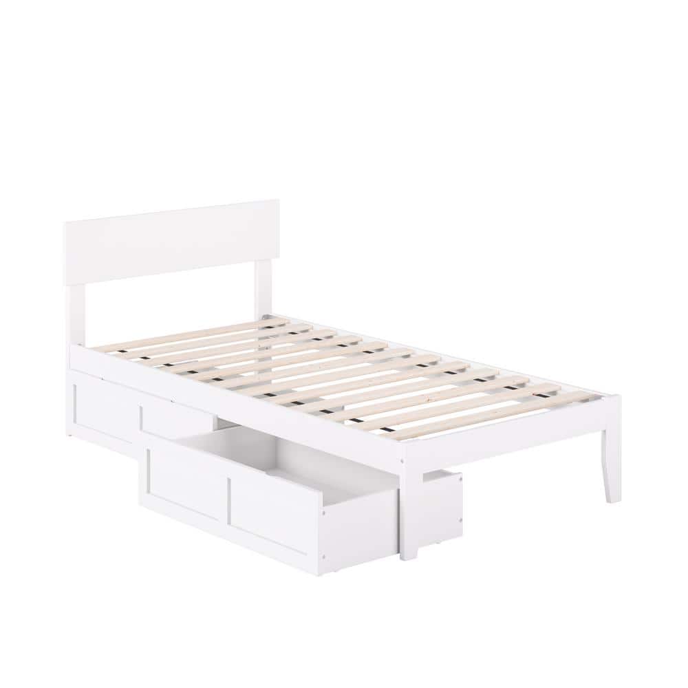 White Twin Wood Platform Bed with Storage Drawers and Upholstered Headboard