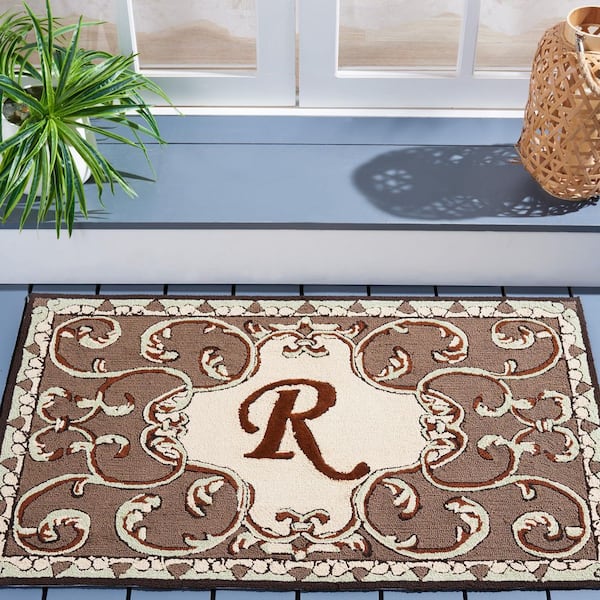 Monogram Mocha 3 ft. x 4 ft. "R" Ornate Floral Indoor/Outdoor Area Rug