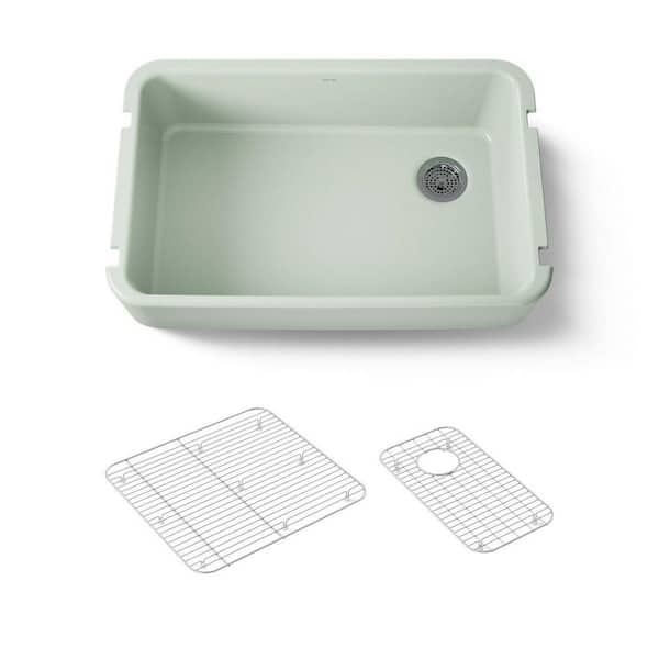 Ironridge 34.5 in. Farmhouse/Apron-Front Single Bowl Aspen Green Cast Iron Kitchen Sink and Basin Rack