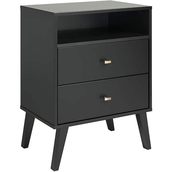ULSMVOC SMT 2-Drawer Black with Open Shelves Mid-Century Modern Bedside Table 16 in. D x 22.5 in. W x 29.5 in. H