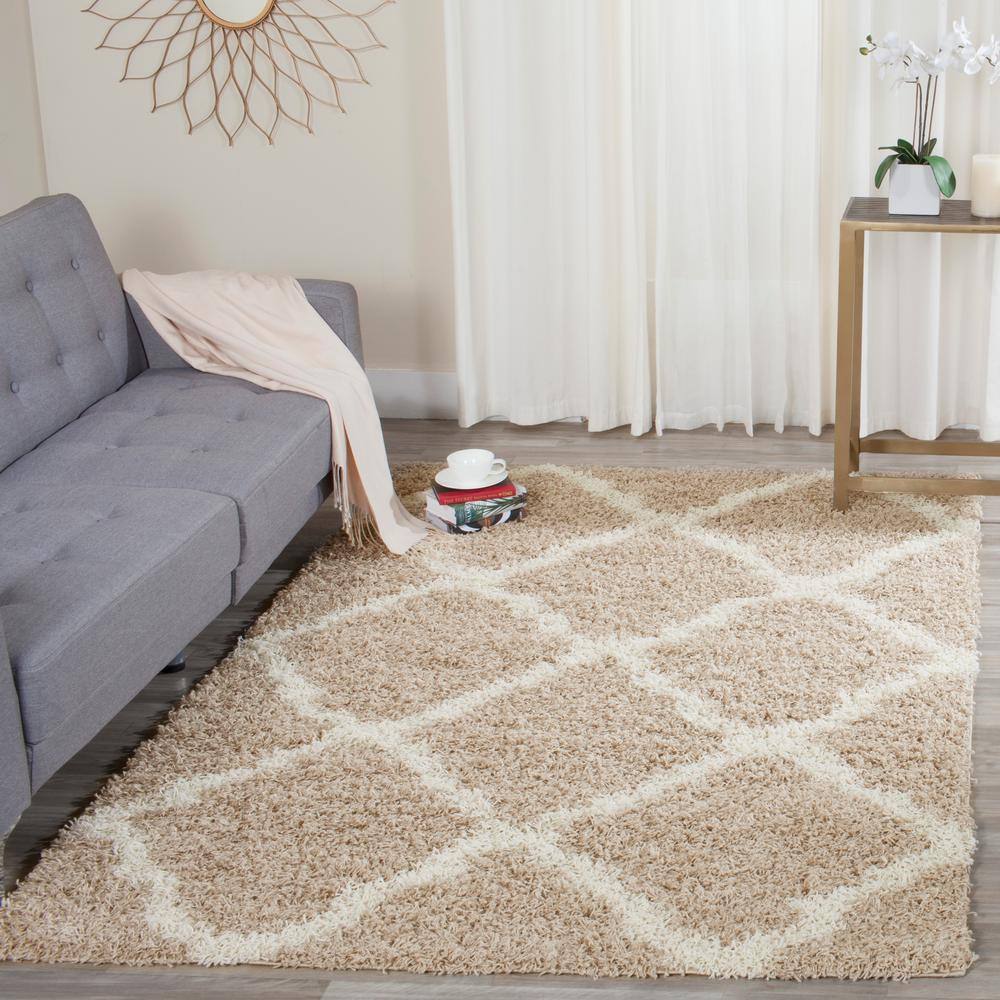 Ivory Beige Diamond Shag 3' x 5' Synthetic Area Rug