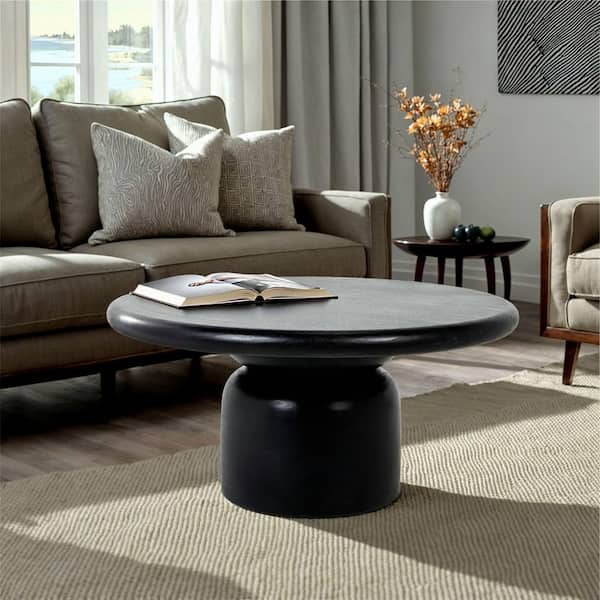 Alden 35 in. Black Round Mango Wood Coffee Table with Stacked End Grain Base