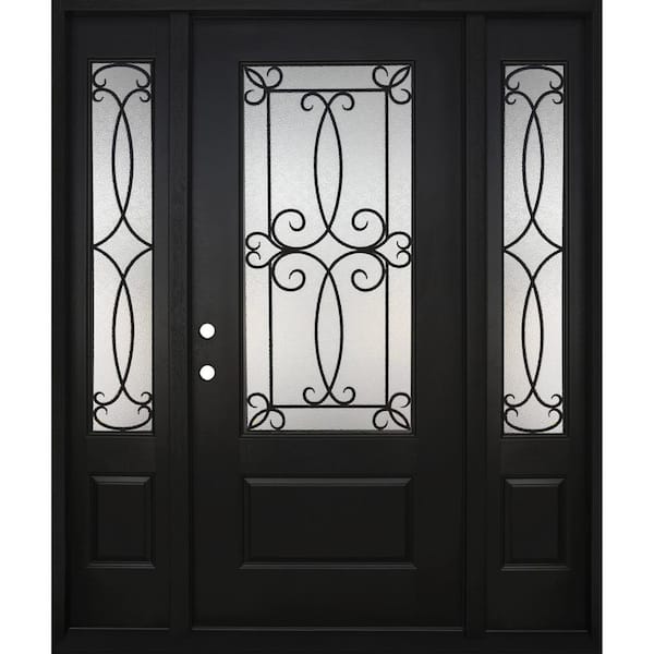 Steves & Sons Regency 64 in. x 80 in. 3/4Lite Georgian Deco Glass RHIS Onyx Mahogany Fiberglass Prehung Front Door w/Dbl12in.SL