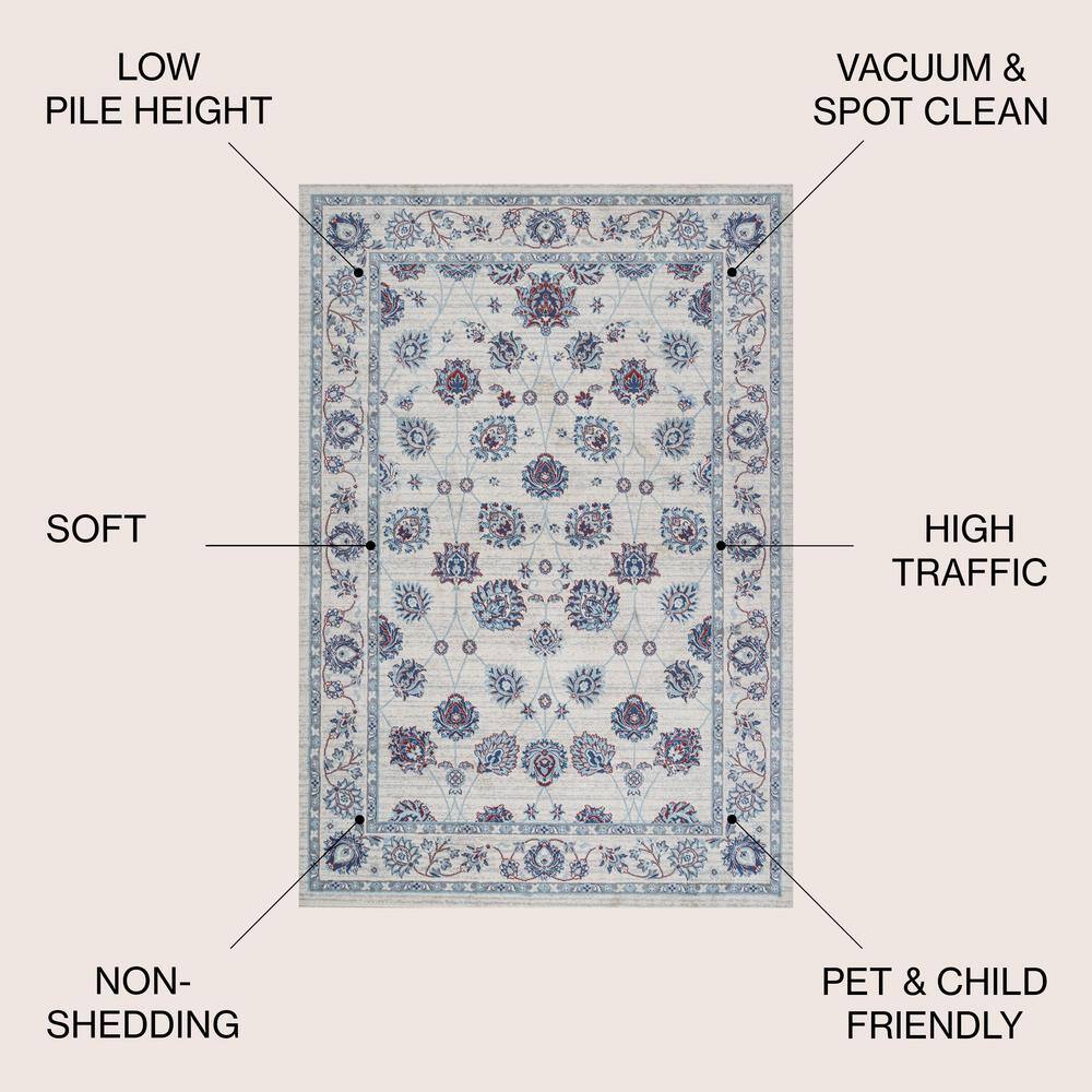 Elegant Vintage Persian-Inspired Ivory/Blue/Red Area Rug - 4' x 6'
