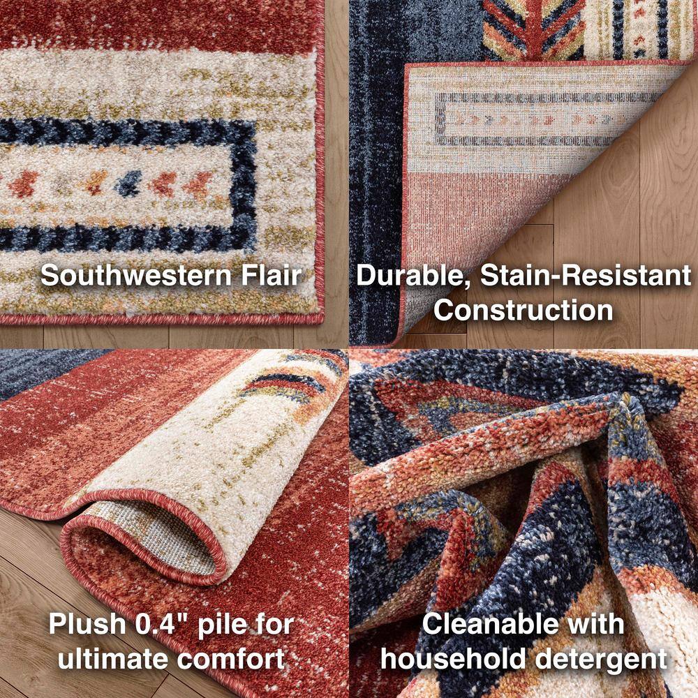 Crimson and Blue Southwestern Medallion Pattern Area Rug 5' x 7'