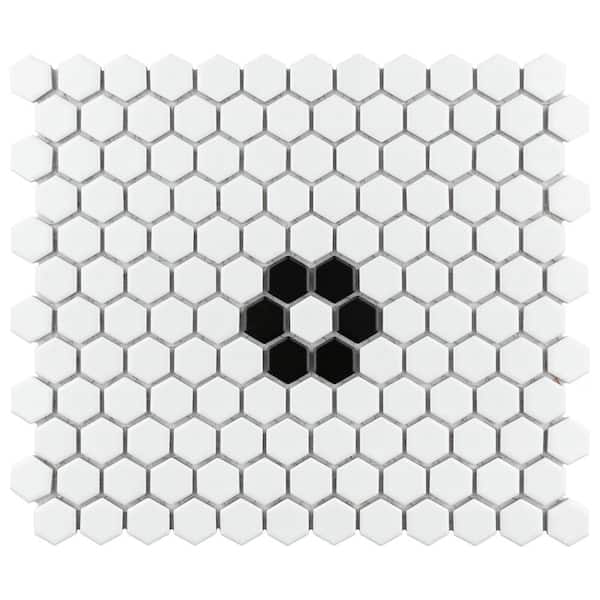 Merola Tile Metro 1 in. Hex Matte White with Single Flower 6 in. x 6 in. Porcelain Mosaic Take Home Tile Sample