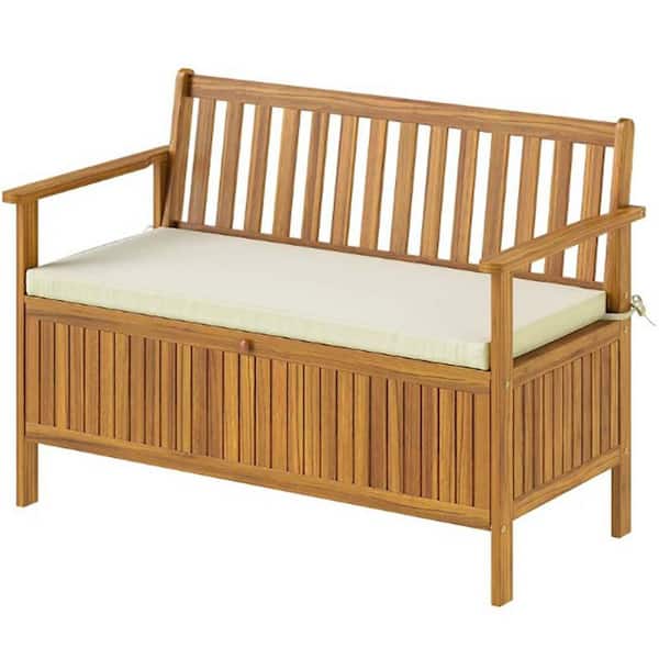 Wood Outdoor Bench with Beige Cushion, Storage Compartment
