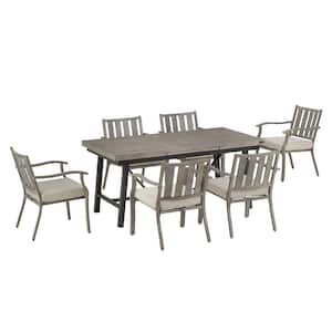 7-Piece Aluminum Outdoor Dining Set with Beige Sunbrella Cushions, Extendable Table, 6 Dining Chairs