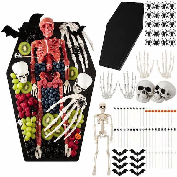 17 in. Coffin Style Brown Black White Natural Wood Serving Board with Halloween Accessories