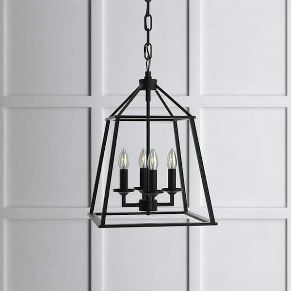 Lessay Farmhouse 4-Light Matte Black Dimmable Pendant Light with Caged Metal Shade