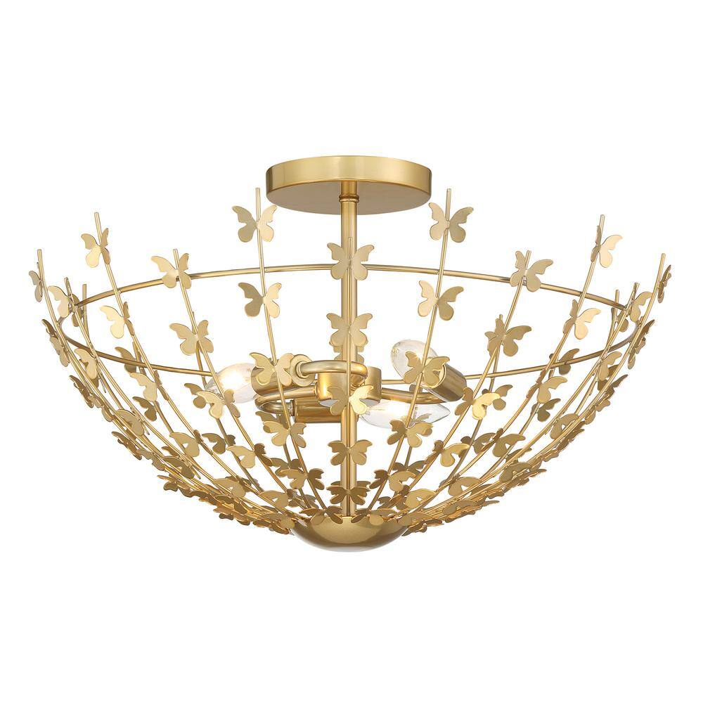 Burnished Brass Butterfly 3-Light Semi-Flush Mount Ceiling Fixture