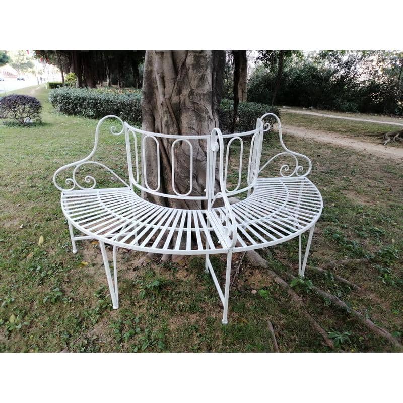 Elegant White Metal Curved Garden Bench with Tree Design