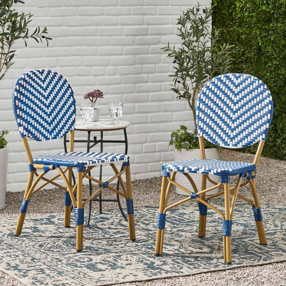 Set of 2 Outdoor PE Ratten and Aluminum French Armless Bistro Chairs in Navy Blue price history on PriceWatchPro