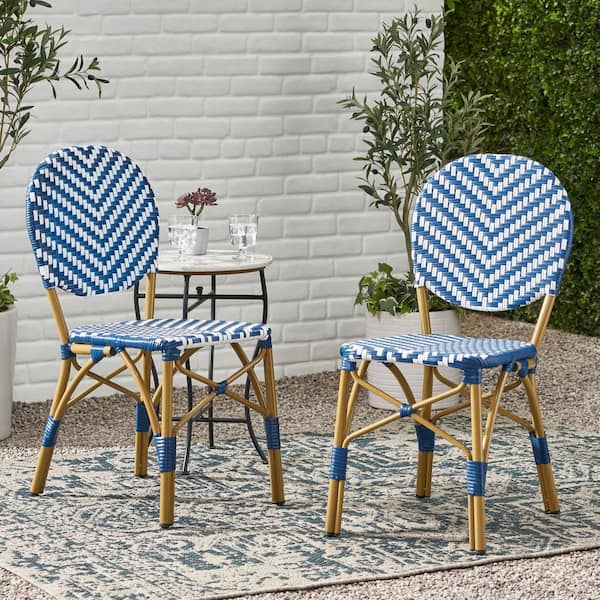 Flynama Set of 2 Outdoor PE Ratten and Aluminum French Armless Bistro Chairs in Navy Blue