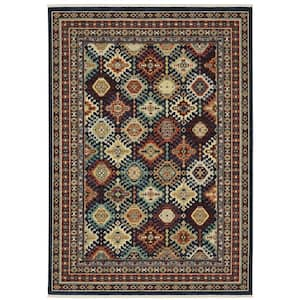 Lillian Navy/Multi Doormat 3 ft. x 5 ft. Oriental Medallion Geometric Wool/Nylon Blend Fringed-Edge Indoor Area Rug