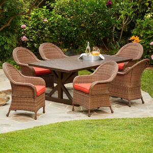 Hacienda Heights 7-Piece Wicker Outdoor Dining Set with Red Cushions