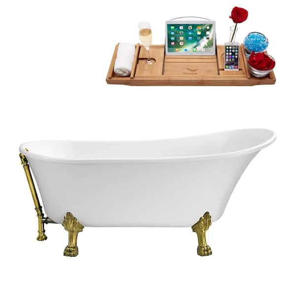 67 in. Acrylic Clawfoot Non-Whirlpool Bathtub in Glossy White With Brushed Gold Clawfeet And Brushed Gold Drain
