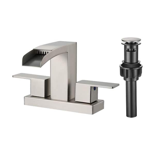 Waterfall 304-Stainless Steel 4 in. Centerset Double Handle Bathroom Faucet with Drain Kit Included in Brushed Nickel