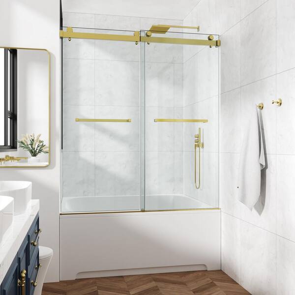 60 x 66 in. Frameless Double Sliding Shower Door, Double Shower Door 3/8 in. (10mm) SGCC Tempered Glass, Stainless Steel