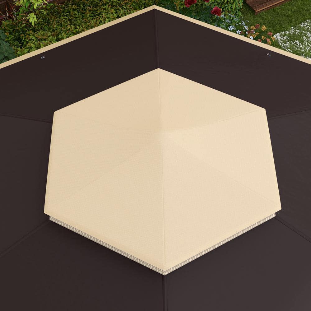 Beige Hexagonal Pop-Up Gazebo with Mesh Netting and Steel Frame