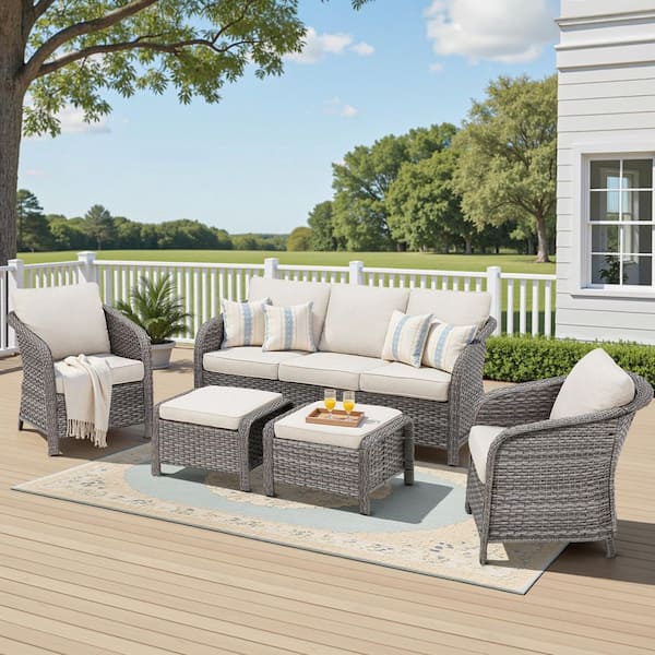 5-Piece Wicker Patio Conversation Sets w/ Lounge Chairs and Ottoman, Outdoor Sofa Seating Set with Beige Cushions