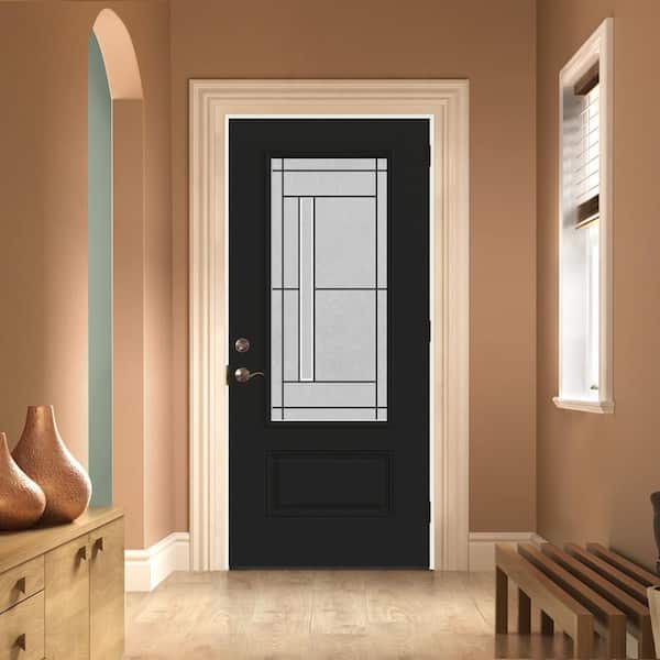 36 in. x 80 in. Left-Hand 3/4 Lite Decorative Glass Atherton Black Fiberglass Prehung Front Door