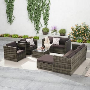 6 Pieces Wicker Rattan Outdoor Patio Sectional Set with Dark Gray Cushion