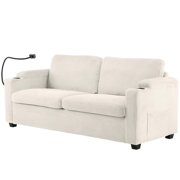 72.8 in. Beige Corduroy 2-Seater Loveseat with Full Size Mattress, USB Ports and Cup Holders