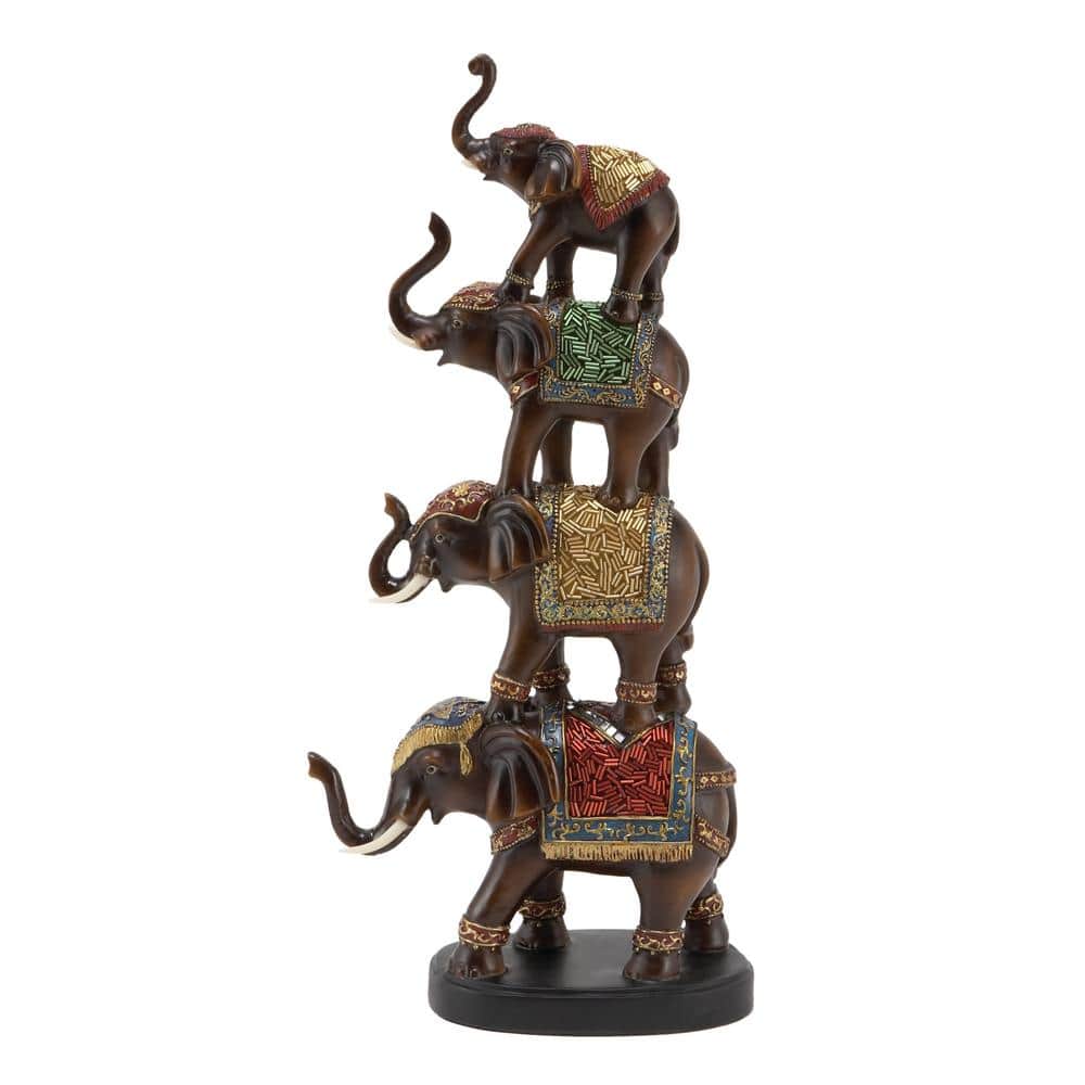 Brown Polystone Stacked Elephant Figurine with Colorful Patterns