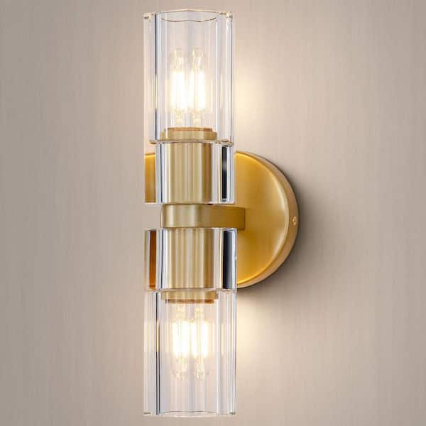 Gleam Flare 13 in. 2 Light Gold Wall Sconce with K9 Crystal Lampshade, Luxury Wall Light for Bedroom, Dining Room, Living Room