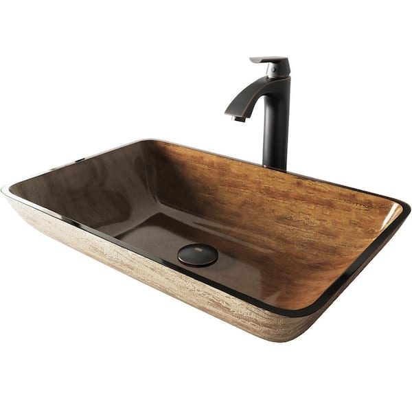 VIGO Glass Rectangular Vessel Bathroom Sink in Wooden Brown with Linus Faucet and Pop-Up Drain in Antique Rubbed Bronze