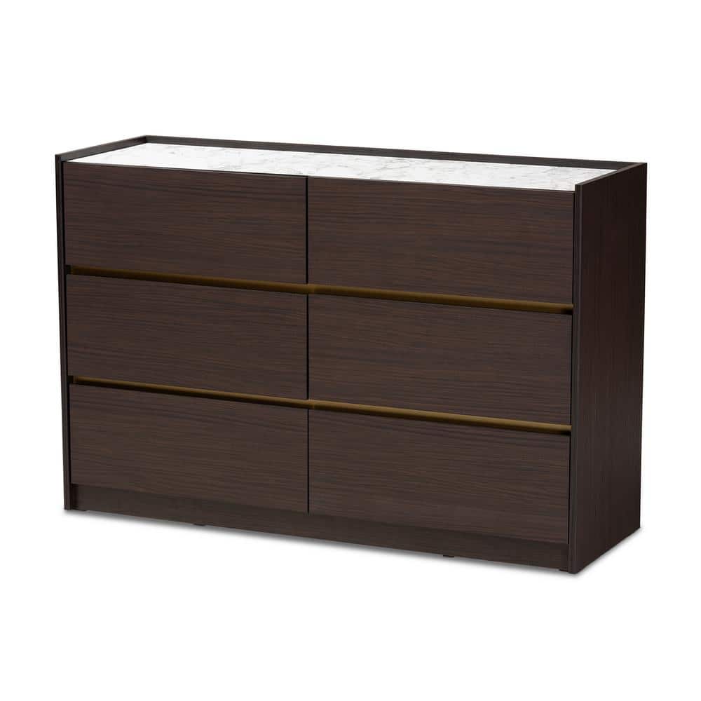 Baxton Studio Walker 6Drawer Dark Brown and Faux Marble Dresser (31.5