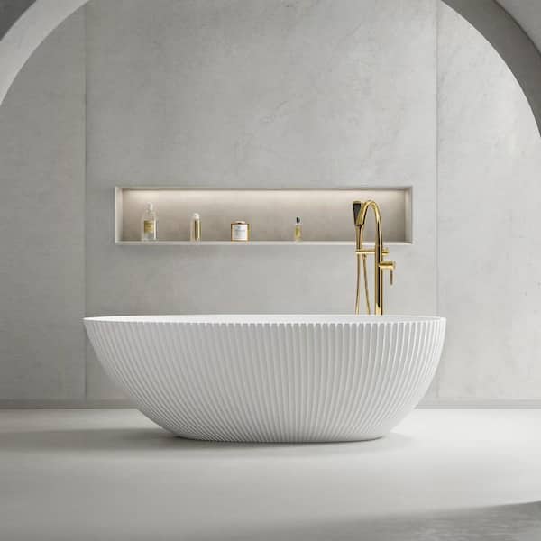VanityFus 65.35 in. x 31.89 in. Solid Surface Egg Shape Freestanding Bathub in White with Center Drain
