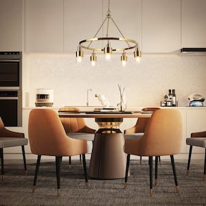 Coluse 5-Light Modern Brass Gold Round Chandelier, Transitional Adjustable Hanging Pendant with Cylinder Clear Glass