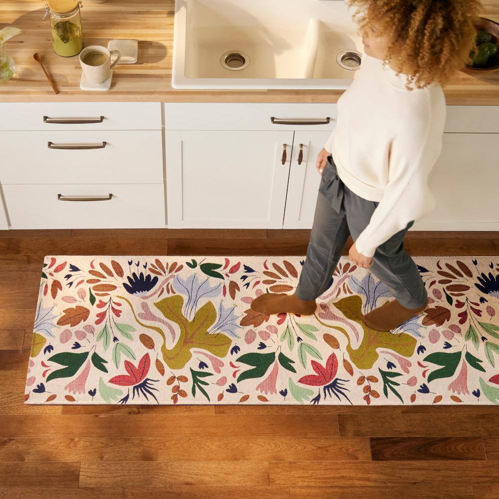 Cream Floral Synthetic Washable Non-Slip Decorative Rug, 24" x 72"