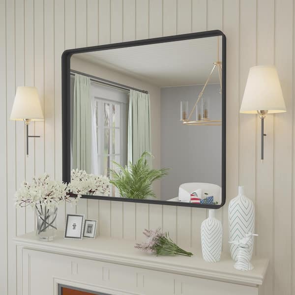 32 in. W. x 36 in. H Rectangular Framed French Cleat Wall Mounted Tempered Glass Bathroom Vanity Mirror in Matte Black
